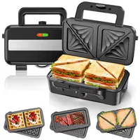 Sandwichmaker 3 IN 1, 1200W & 5-Gang-Temperaturregelung Waffeleisen, Sandwichtoaster, Kontaktgrill mit 3 Antihaftplatten für Sandwich, Waffeln, Fleisch, LED-Leuchten, Cool-Touch-Griff