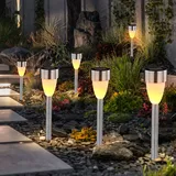 GLOBO Stecklampen Solarleuchte Gartenlampe Wegelampe Terrasse, Akku IP44 Erdspieß Feuer Effekt, Edelstahl schwarz weiß satiniert, LED warmweiß, DxH 5,5x36,5cm, 6er Set