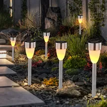 GLOBO Stecklampen Solarleuchte Gartenlampe Wegelampe Terrasse, Akku IP44 Erdspieß Feuer Effekt, Edelstahl schwarz weiß satiniert, LED warmweiß, DxH 5,5x36,5cm, 6er Set