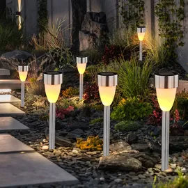 GLOBO Stecklampen Solarleuchte Gartenlampe Wegelampe Terrasse, Akku IP44 Erdspieß Feuer Effekt, Edelstahl schwarz weiß satiniert, LED warmweiß, DxH 5,5x36,5cm, 6er Set
