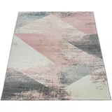 Paco Home Teppich Wohnzimmer Grau Weiß Rosa Pastell Dreieck Muster Vintage Design Kurzflor 160x230 cm