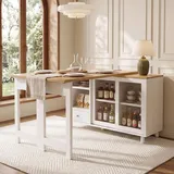 MODFU Ausziehbarer Kücheninsel mit 360° drehbar Esstisch,Klapp-Esstisch mit Raumteiler und großem Stauraum, moderner Küchenwagen mit Glastürpa... - Weiß