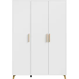 Rauch Kleiderschrank, Garderobe für Schlafzimmer, Kinderzimmer, Babyzimmer, 3-türig mit Griffen und Füßen aus Massivholz, Farbe weiß 140x203x53cm