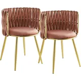 Kayoom Polsterstuhl »Stuhl Melly 125 2er-Set,tolles Design der Rückenlehne, runde Sitzfläch«, (Set), 2 St., ausgefallen geflochtene Rückenlehne, Samtbezug, goldene Beine, rosa