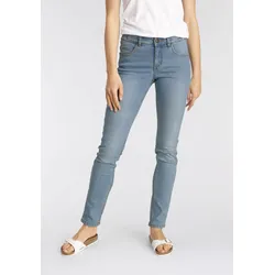 Slim-fit-Jeans ARIZONA "Bund mit seitlichem Gummizugeinsatz", Damen, Gr. 36, N-Gr, blau (bleached), Denim/Jeans, Obermaterial: 98% Baumwolle, 2% Elasthan, Basic, slim fit lang, Jeans, schmale Passform, Röhrenjeans, Used-Waschung, hohe Leibhöhe, Topseller