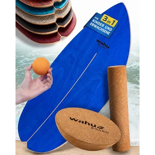 WAHU Balance Board Ocean Blue | 3in1 Set | Surf Balance Board aus 100% Holz mit Rocker Shape & Rolle | Gleichgewichtstrainer für Kinder & Erwachsene | Fitness & Spaß Zuhause