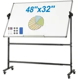 Vevor Rollbares Whiteboard, 48 x 32 Zoll Doppelseitiges Magnetisches Mobiles Whiteboard, 360° Wendbare, Höhenverstellbare Trockenlöschtafel mit Rädern und Beweglicher Ablage