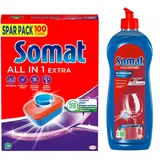 SOMAT Tabs 100 AW all in 1 Extra, Geschirrspül Tabs für Sauberkeit auch bei niedrigen Temperaturen, bekämpft eingetrocknete Rückstände + Somat Duo Power Experten Klarspüler 750ml