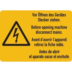 Warnschild, Vor Öffnen des Gerätes Stecker ziehen (4-sprachig), Folie - 105x74 mm Folie selbstklebend
