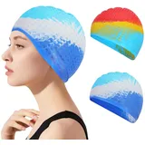 Skycase Unisex-Badekappe aus Silikon, langlebig, flexibel, wasserdicht, für Männer, Frauen, Erwachsene, Kinder, Badekappen für langes/kurzes Haar, schillerndes Blau + Regenbogenfarben, 2 Stück