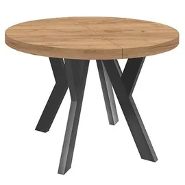 dekori.interiors Runder Ausziehbarer Tisch für Esszimmer, Pero, Loft-Stil, Skandinavische, Durchmesser: 110 / 210 cm, Eiche Craft Golden / Schwarz - Braun