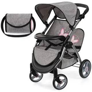 Bayer Design 39433AA Zwillingspuppenwagen, Puppenwagen, Geschwisterwagen, höhenverstellbar, klappbar, Tasche, Jeans-grau, Rosa