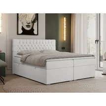 MKS Meble Boxspringbett 140x200 mit Matratze und Topper, Boxspringbett 140x200 mit Bettkasten und Kopfteil - PERA - 140x200 - WeiĂź - Kunstleder - H4 - Weiß