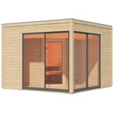 Woodfeeling Karibu Saunahaus Terning 3 mit Vorraum - 38 mm naturbelassen Set A (Sauna B 2 x T 1,7 m mit 2 Liegen 57 cm) Ohne Ofen inkl. gratis Zubehörpaket (Gesamtwert 191,92€)