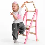 goodevas Holz Lernleiter Montessori platzsparend: Klappbare Lernleiter, Hocker für Kinder, Faltbare Kindertreppe, Lernleiter mit Kippschutz