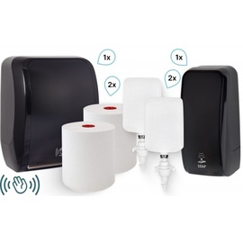 Blanc HYGIENIC KOMPLETT-SET Waschraum SENSOR: Handtuchrollenspender SENSOR + 2 TAD Handtuchrollen + Schaumseifenspender SENSOR + 2 Kartuschen Farbe Schwarz