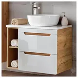 Lomadox Waschtisch 80 cm Hochglanz weiß Wotan Eiche Nb. Softclose Schubkästen, 41 cm Keramik-waschbecken