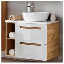 Lomadox Waschtisch 80 cm Hochglanz weiß Wotan Eiche Nb. Softclose Schubkästen, 41 cm Keramik-waschbecken