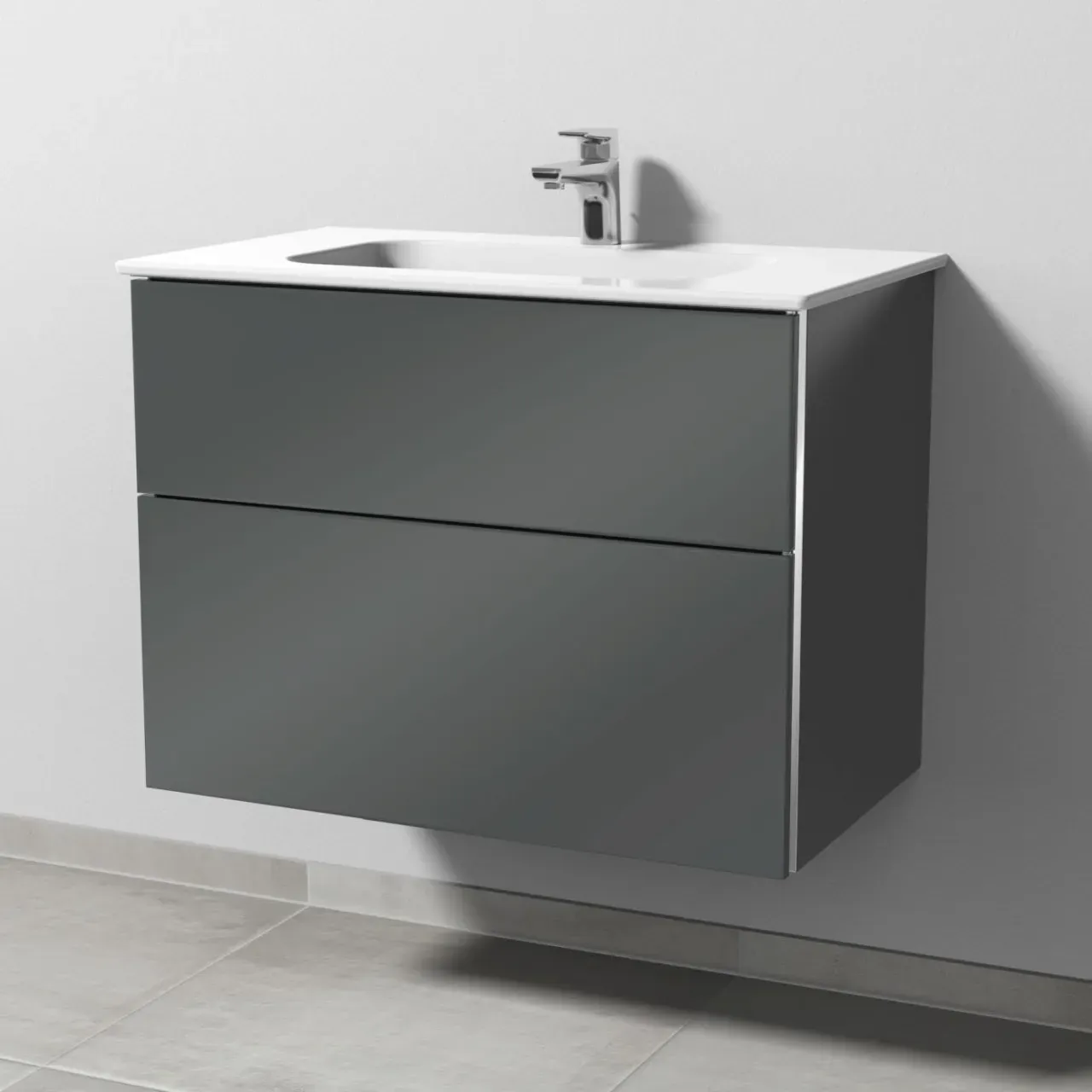 Sanipa 3way Keramik-Set Design Keramik-Waschtisch und Unterbau mit 2 Auszügen, Anthrazit-Glanz BS48079