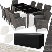 tectake Aluminium Poly Rattan Gartenmöbel Set 8 Stühle mit Tisch mit Glasplatten, inkl. 2 Bezugssets und Schutzhülle, wetterfeste Balkon Möbel - grau