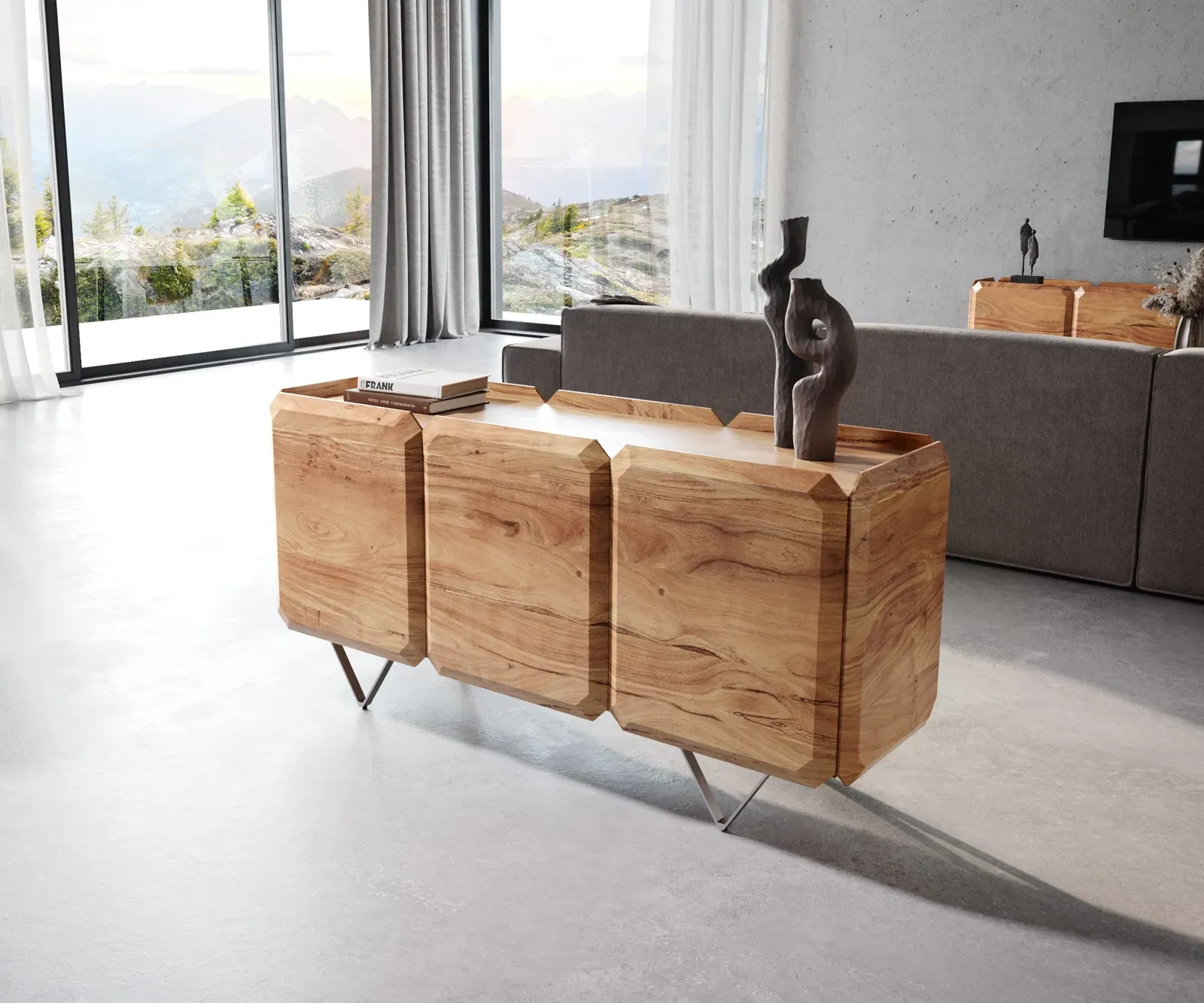 DELIFE Buffet Kiano 145 cm Acacia Nature 3 Portes Pied en V Acier inoxydable Séparateur de pièce, Buffets