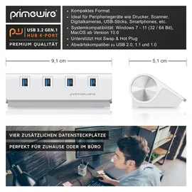 Primewire USB-Adapter 1× USB Typ A Stecker zu 4 x USB 3.2 Gen2 Buchse, 4 Port USB 3.2 Gen2 Hub Aktiv Verteiler mit Netzteil, Alugehäuse