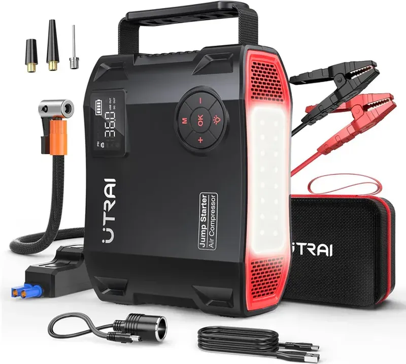 UTRAI Starthilfe 6-in-1 Pumpe, Luftkompressor, 6000A Powerbank, 12V Digitaler Reifenfüller, 150PSI Notfall-Batteriebooster