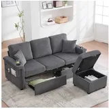 BlingBin Sofa Loungesofa mit LED-Beleuchtung & USB-C-Port, mit 2 Schubladen Stauraum-Fußteil, Getränkehaltern und Seitentaschen 1 Teile, für Wohnzimmer, Schlafzimmer, Büro grau