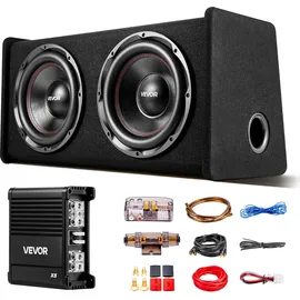 Vevor Auto Subwoofer Set mit Bestücktem Gehäuse 305 mm, Dual-Subwoofer- und Verstärkerpaket 490 W RMS, mit Separatem Verstärker & Verkabelungssatz, Leistungsstarkes Car Audio Soundsystem für PKW & SUV