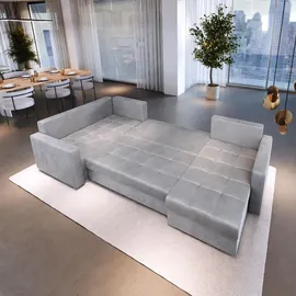 masseno Ecksofa LORIVO L-S mit Schlaffunktion U-Form, Sofa mit Bettkasten, Wohnzimmersofa, Couch, Soffa, Bettsofa, Couchgarnitur- Grau, Plüsch-Stoff