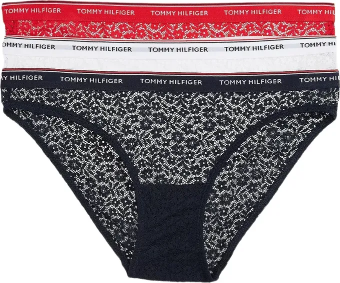 Tommy Hilfiger Premium Essentials 3er-Pack Bikini-Spitzenunterwäsche (Große Größen) Desert Sky/Weiß/Primärrot Gr. M