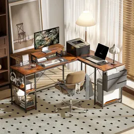 Homcom L-förmiger Schreibtisch 168 x 120 cm Eckschreibtisch mit Ablagefächern, Aufbewahrungstasche Umkehrbar, Rustikal-Braun - Braun