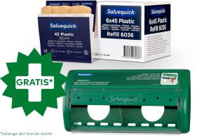 Cederroth Salvequick Plastic Pflaster + Pflasterspender, Wasserabweisende & elastische Wundpflaster mit passendem gratis Spender, 1 Set = 1 Box = 6 x 45 Stück + Spender (leer)