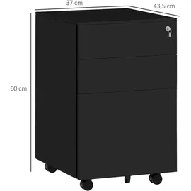 Vinsetto Rollcontainer Aktenschrank mit 3 Schubladen, Büroschrank mit Schloss, Druckschrank, Unterschrank mit Hängeregistratur, Bürocontainer im A4-Format, Stahl, 37 x 43,5 x 60 cm, Schwarz