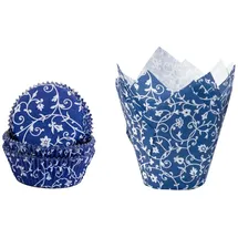 DEMMLER Muffinförmchen Set Blau mit weißem Classico - Tulip - Cupcakeförmchen - klassischen Muffinförmchen und Tulip-Wraps inklusive 4 Tassendeckchen in Silber - Insgesamt 84 Stück - Made in Germany