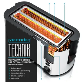 Arendo Langschlitz-Toaster für 4 Scheiben, Doppelwandgehäuse, integrierter Brötchenaufsatz, Bräunungsgrade 1-6, Brotzentrierung