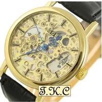 Gold Erbstück Mechanisch Handaufzug Skelett Steampunk Schwarzes Leder Luxus Uhr