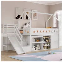Flieks Hochbett Kinderbett Etagenbett mit Schränke, Rutsche und Treppe 90x200cm weiß