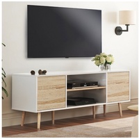 WAMPAT TV-Schrank (Skandinavisch Design TV Lowboard Weiß und Eiche) mit Türen und Verstellbare Regal 135 cm