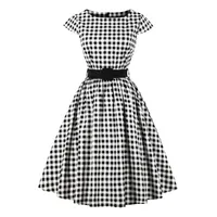 Axoe Damen 50er Jahre Audrey Hepburn Vintage Kleid Rockabilly Cocktail Partykleid Polka Dot- Gr. L (40), Weiß Karierter - L