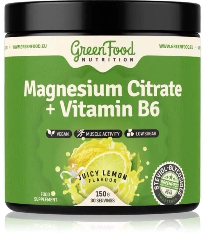 GreenFood Nutrition Magnesium Citrate + Vitamin B6 Pulver zur Unterstützung der normalen Funktion des Nervensystems, der Muskeln und der Zähne sowie zur Reduzierung der Müdigkeit Geschmack Juicy Lemon 150 g