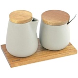 Husla 73974 2in1 Ceramic Sugar Bowl and Milk Jug Set, Acacia Wood Stand, Stainless Steel Spoon,