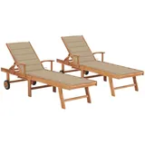 vidaXL Sonnenliegen 2 Stk. mit Auflagen Beige Massivholz Teak