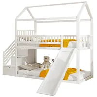 autolock Kinderbett Kinderetagenbett 90*200 cm,Hochbett mit Rutsche und Stauraumleiter, Hausbett,hohe Zaunkonstruktion,Massivholzbettrahmen, Lattenrost weiß