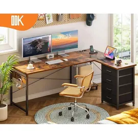 luxuskollektion Eckschreibtisch L Form mit Schubladen und Steckdosen, Vintage-Braun