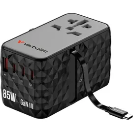 Verbatim Charge 'n' Travel - GaN III Universal Reiseadapter mit integriertem Kabel, 85W, Steckdosenadapter mit USB-A, USB-C USB PD, USB PD 3.1, QC 3.0, QC 4+, PPS, Fast Charge,