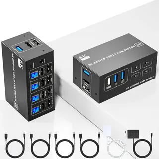 8K@60Hz Displayport HDMI KVM Switch 4 PC 2 Monitore, USB 3.0 DP1.4 + HDMI2.1 KVM Switches mit 4 USB Anschlüssen für Vier Computer mit Gemeinsamem Dual-Monitor, Tastatur, Maus, Drucker und U-Disk