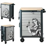 TRUTZHOLM Werkstattwagen 99x82 cm Werkzeugwagen leer mit 7 Schubladen Holzarbeitsplatte rollbar Werkzeugschrank mit Rollen Papierrollenhalter Steckfach Verschiedene Motive (Motiv Retro-Design)