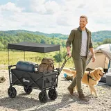 Outsunny Bollerwagen Faltbar, Transportwagen mit Sonnendach, Griff, Schwarz