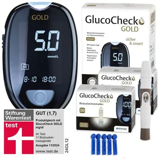GlucoCheck GOLD Blutzuckermessgerät (mmol/l) + 110 Blutzuckerteststreifen, 10 Lanzetten, 1 St